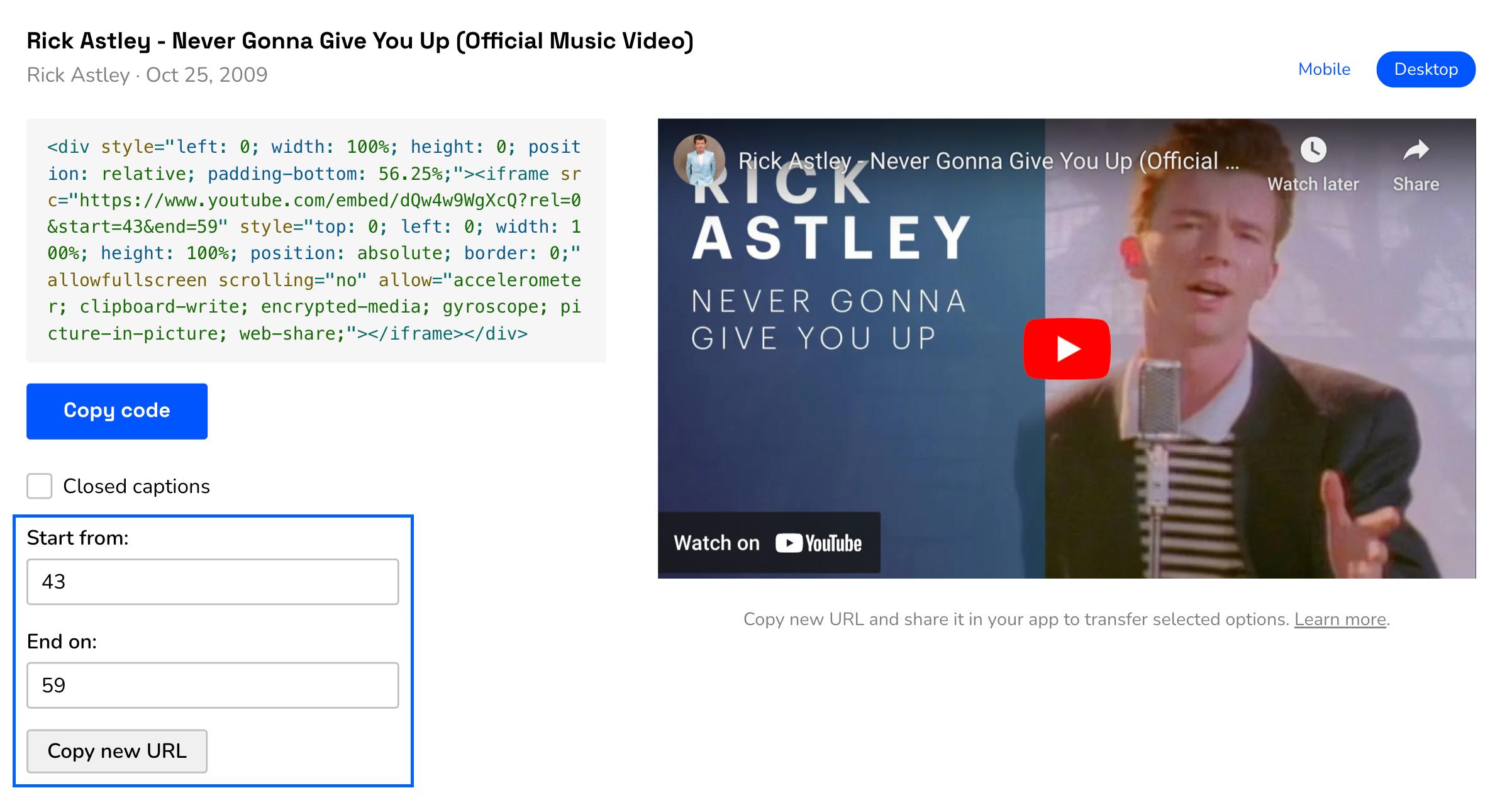 Add start and end times to your video